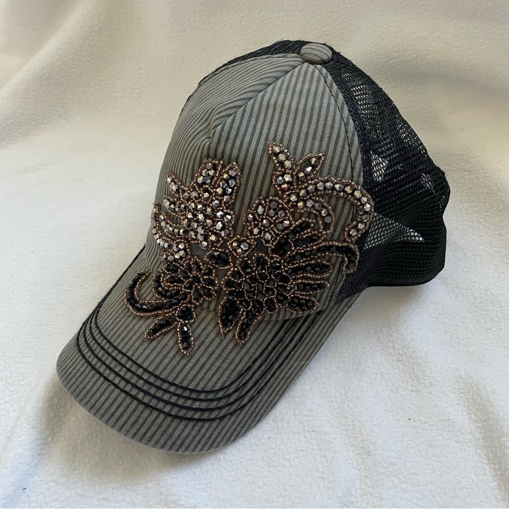 Olive & Pique Rhinestone Striped Trucker Hat